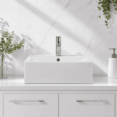 Balterley Modern Bathroom Square Vessel Basin for Countertop Use, White Vitreous China, Contemporary Design, 470 mm