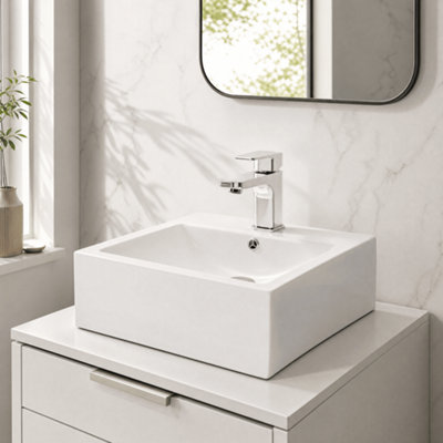 Balterley Modern Bathroom Square Vessel Basin for Countertop Use, White Vitreous China, Contemporary Design, 470 mm