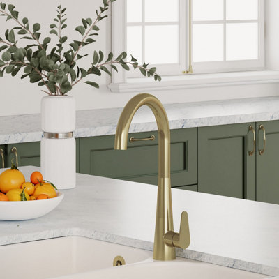 Balterley Tatenhall Kitchen Mono Mixer Tap with Single Lever Handle, Curved Swivel Spout - Brushed Brass Finish