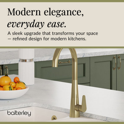 Balterley Tatenhall Kitchen Mono Mixer Tap with Single Lever Handle, Curved Swivel Spout - Brushed Brass Finish
