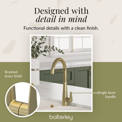 Balterley Tatenhall Kitchen Mono Mixer Tap with Single Lever Handle, Curved Swivel Spout - Brushed Brass Finish