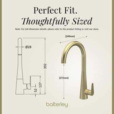 Balterley Tatenhall Kitchen Mono Mixer Tap with Single Lever Handle, Curved Swivel Spout - Brushed Brass Finish