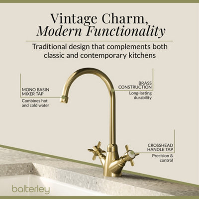 Balterley Traditional Kitchen Sink Mono Mixer Tap - Brushed Brass Crosshead