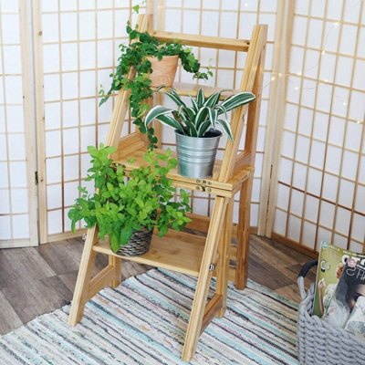 Bamboo 3 Tier Folding Step Ladder Chair Convertible Library Steps ...
