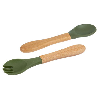 Bamboo Baby Weaning Fork & Spoon Set - Olive Green