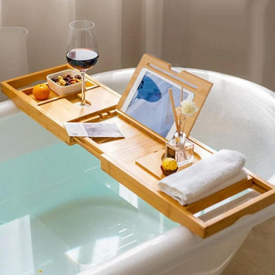 Bamboo Bath Caddy Tray Extendable Holder Rack Bathroom Shelf Storage Organiser at B&Q