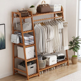Bamboo Bedroom Garment Open Clothes Rack with Storage Shelf, Hanging Rail and Side Hooks Brown 130cm