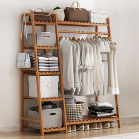 Bamboo Bedroom Garment Open Clothes Rack with Storage Shelf, Hanging Rail and Side Hooks Brown
