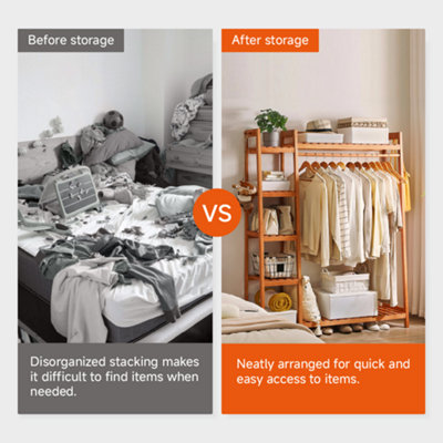 Bamboo Bedroom Garment Open Clothes Rack with Storage Shelf, Hanging Rail and Side Hooks Brown