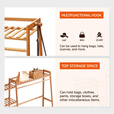 Bamboo Bedroom Garment Open Clothes Rack with Storage Shelf, Hanging Rail and Side Hooks Brown