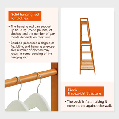 Bamboo Bedroom Garment Open Clothes Rack with Storage Shelf, Hanging Rail and Side Hooks Brown
