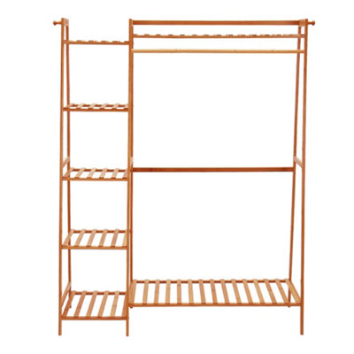 Bamboo Bedroom Garment Open Clothes Rack with Storage Shelf, Hanging Rail and Side Hooks Brown
