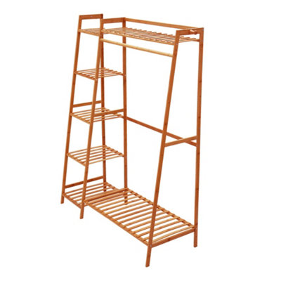 Bamboo Bedroom Garment Open Clothes Rack with Storage Shelf, Hanging Rail and Side Hooks Brown