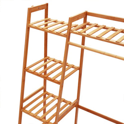 Bamboo Bedroom Garment Open Clothes Rack with Storage Shelf, Hanging Rail and Side Hooks Brown