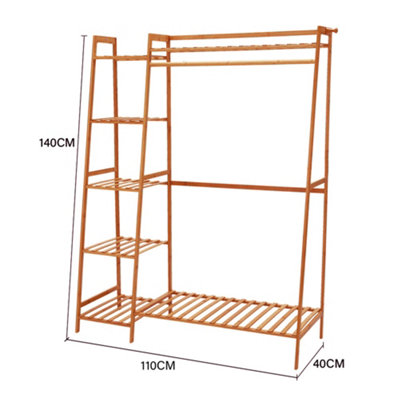 Bamboo Bedroom Garment Open Clothes Rack with Storage Shelf, Hanging Rail and Side Hooks Brown
