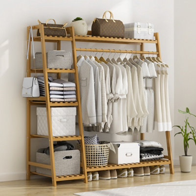 Bamboo Bedroom Garment Open Clothes Rack with Storage Shelf
