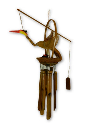 Bamboo Bird Windchime - Hand Carved Crane With Babies Design