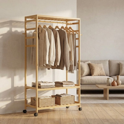 Bamboo Clothes Rack Portable Open Wardrobe With Shoe Storage