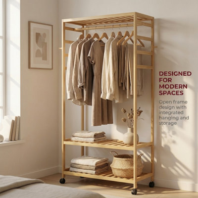 Bamboo Clothes Rack Portable Open Wardrobe With Shoe Storage