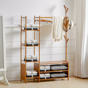 Bamboo Clothes Rail Clothing Hanging Stand Garment Rack with 2 Open Shoe Rack and 4 Shelves