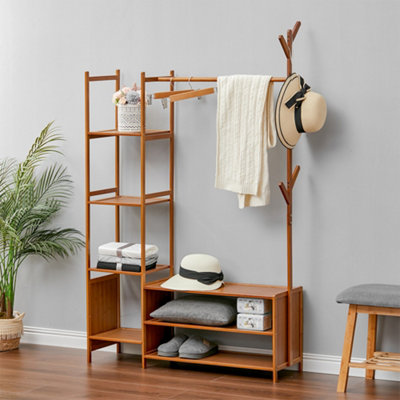 Bamboo Clothes Rail Clothing Hanging Stand Garment Rack with 2 Open ...