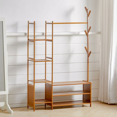 Bamboo Clothes Rail Clothing Hanging Stand Garment Rack with 2 Open ...