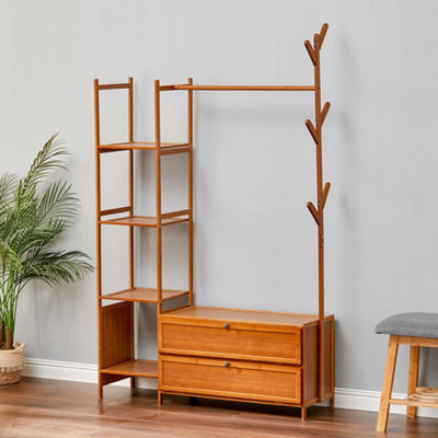 Bamboo Clothes Rail Clothing Hanging Stand Garment Rack with 2 Shoe ...
