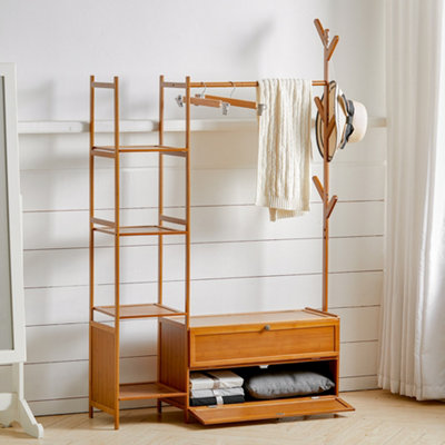 Bamboo Clothes Rail Clothing Hanging Stand Garment Rack with 2 Shoe Rack and 4 Shelves