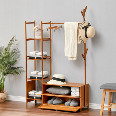 Bamboo Clothes Rail Clothing Hanging Stand Garment Rack with 2 Shoe ...