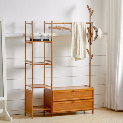 Bamboo Clothes Rail Clothing Hanging Stand Garment Rack with 2 Shoe ...