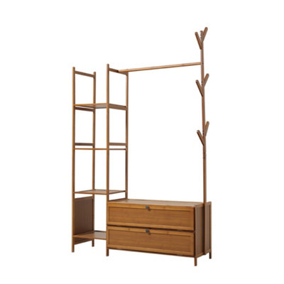 Bamboo Clothes Rail Clothing Hanging Stand Garment Rack with 2 Shoe Rack and 4 Shelves