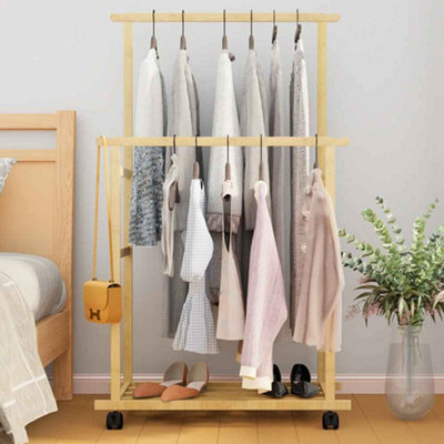Bamboo Clothes Rail Double Layer Garment Hanging Display Stand Rack ...