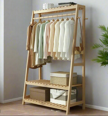 Bamboo Clothes Rail Rack with Top Shelf, Shoe Storage, 10 Hooks, and ...