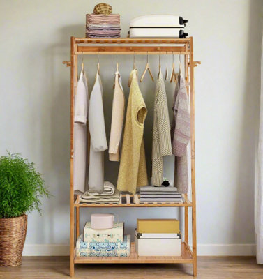 Bamboo Clothes Rail Rack with Top Shelf, Shoe Storage, 10 Hooks, and ...