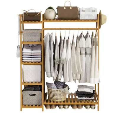 Bamboo Clothes Storage Rack with Shelves and Hanging Rail, Freestanding ...