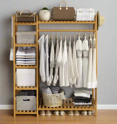Bamboo Clothes Storage Rack with Shelves and Hanging Rail, Freestanding ...
