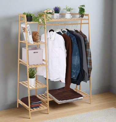 Bamboo Clothes Storage Rack with Shelves and Hanging Rail, Freestanding ...