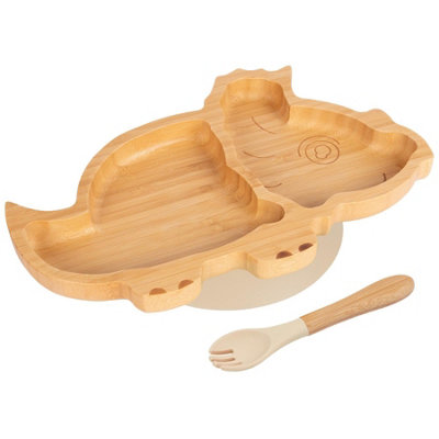 Bamboo Dinosaur Baby Weaning Plate & Fork Set - Beige