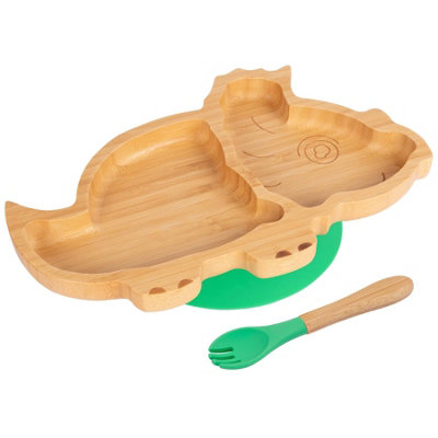 Bamboo Dinosaur Baby Weaning Plate & Fork Set - Green