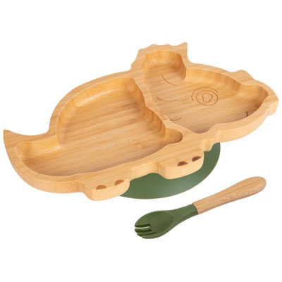 Bamboo Dinosaur Baby Weaning Plate & Fork Set - Olive Green