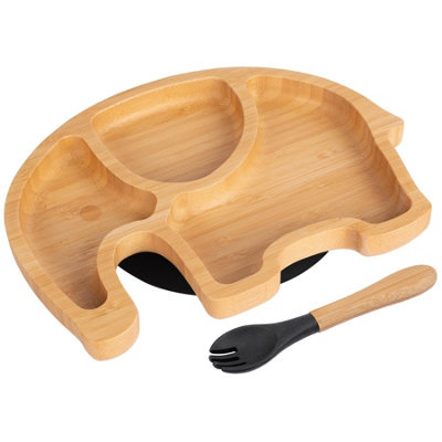 Bamboo Elephant Baby Weaning Plate & Fork Set - Black