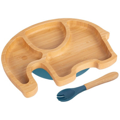 Bamboo Elephant Baby Weaning Plate & Fork Set - Navy Blue