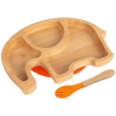 Bamboo Elephant Baby Weaning Plate & Fork Set - Orange