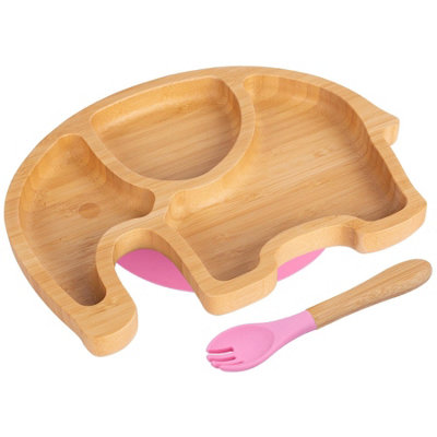 Bamboo Elephant Baby Weaning Plate & Fork Set - Pink