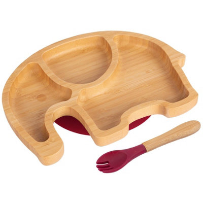 Bamboo Elephant Baby Weaning Plate & Fork Set - Red