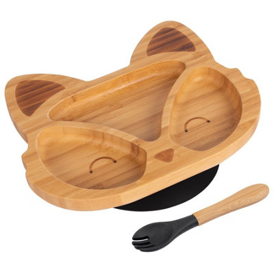 Bamboo Fox Baby Weaning Plate & Fork Set - Black