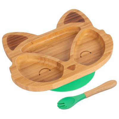 Bamboo Fox Baby Weaning Plate & Fork Set - Green