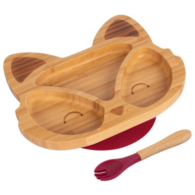 Bamboo Fox Baby Weaning Plate & Fork Set - Red