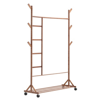Bamboo Freestanding Clothes Rail Coat Hanging Rack with Wheels Brown