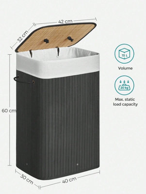 Panier à Linge 140L 3 Compartiments Avec Couvercle - Bambou Oxford Pliable Extra Large Noir